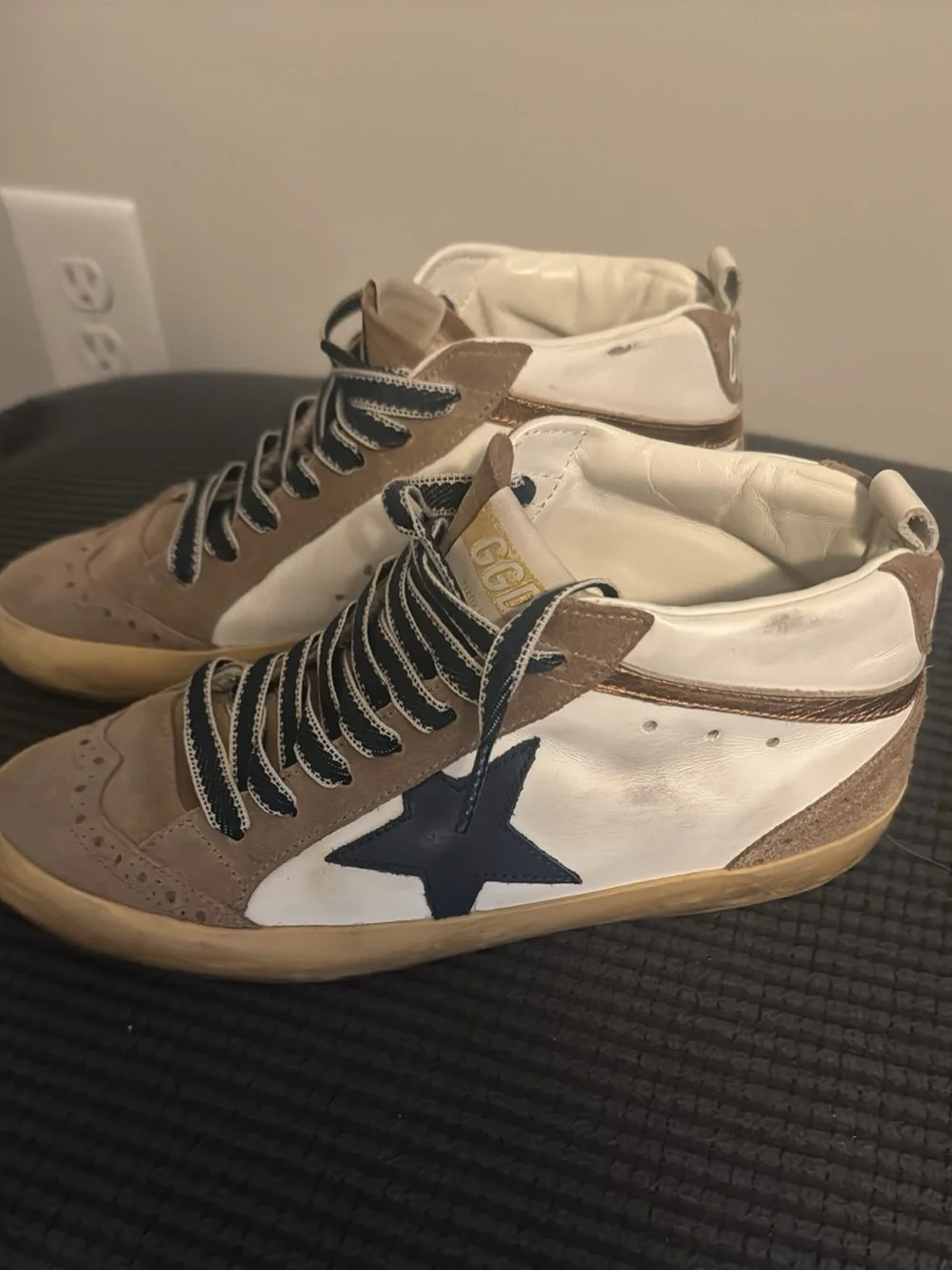 Golden Goose Brown, White & Navy High-Top Sneakers with Star